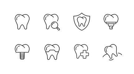 Dental health icons: tooth, magnifying glass, shield, implant, dental care line art set