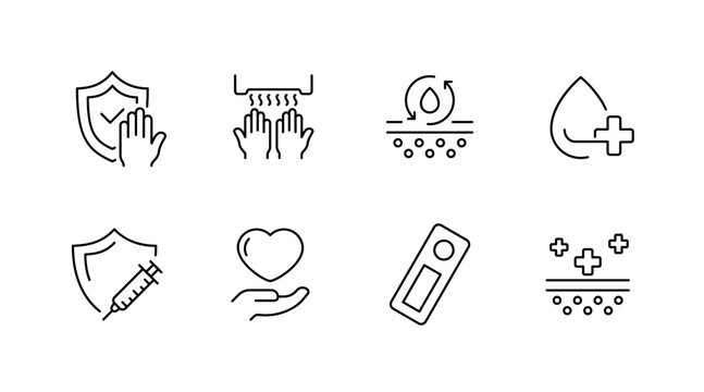 Handwashing hygiene and skincare icons: protection, cleaning, moisturizing, healthcare
