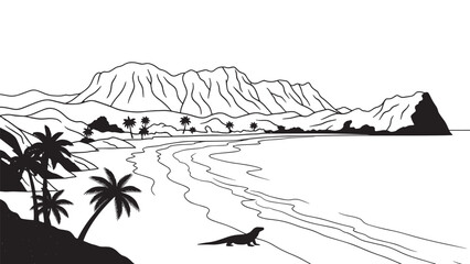 Fototapeta premium Monochrome coastal landscape featuring palm trees, mountains, and a sandy shoreline.