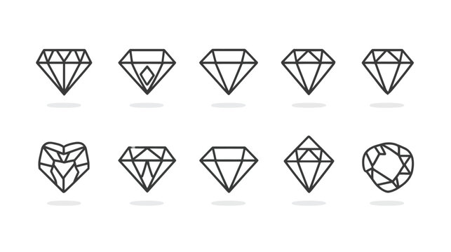Set of ten minimalist outline diamond icons, various gemstone cuts and shapes. Elegant vector illustration for jewelry concepts.
