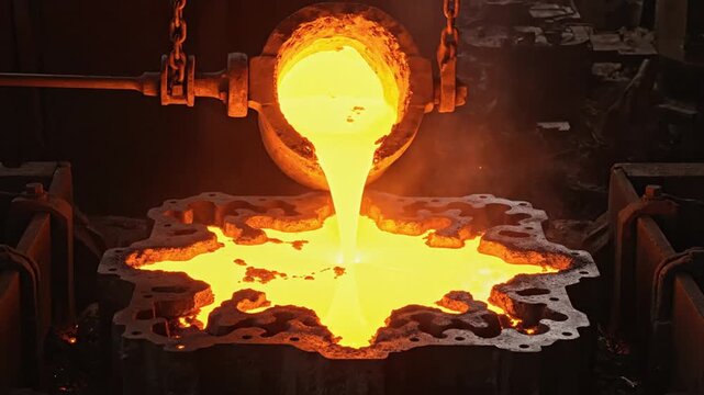 Top down view industrial metal casting process medium close up shot molten metal glowing bright orange being poured carefully from heavy ladle into mold below visible sparks subtle heat distortion rea