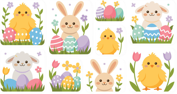 Cute Easter sticker set with kawaii bunny rabbit chick and lamb characters featuring colorful painted eggs spring flowers and grass isolated on white background vector