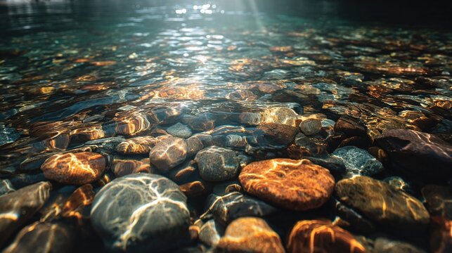 Underwater Stones:  Discover the tranquil beauty of a crystal-clear stream bed, with sunlight dancing across the submerged stones. A view beneath the surface, celebrating nature's serene details.