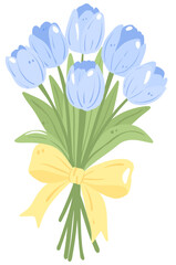 Blue Tulip Bouquet Illustration with Yellow Ribbon &ndash; Spring Floral 
