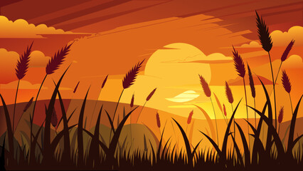 A vector illustration of a vibrant sunset over golden wheat fields with silhouettes of grain against a bright orange sky