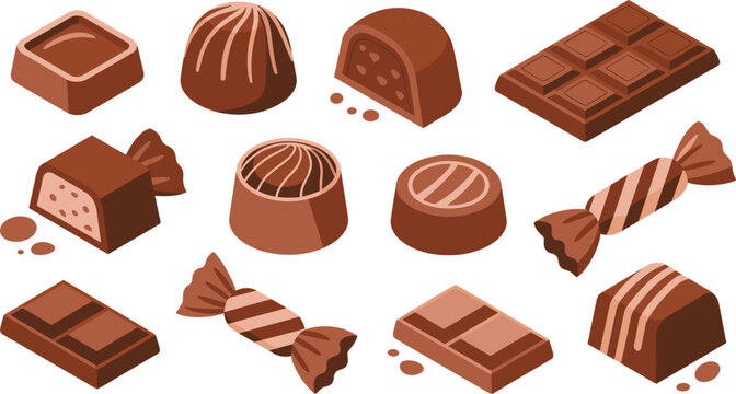 Assortment of chocolate candies praline truffles and dark cocoa bars vector collection isolated on white background for bakery cafe menu dessert shop branding and food design