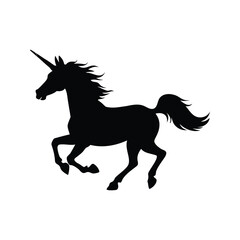 Fototapeta premium unicorn galloping silhouette vector illustration, Silhouette of a majestic unicorn running freely in a fantasy vector illustration