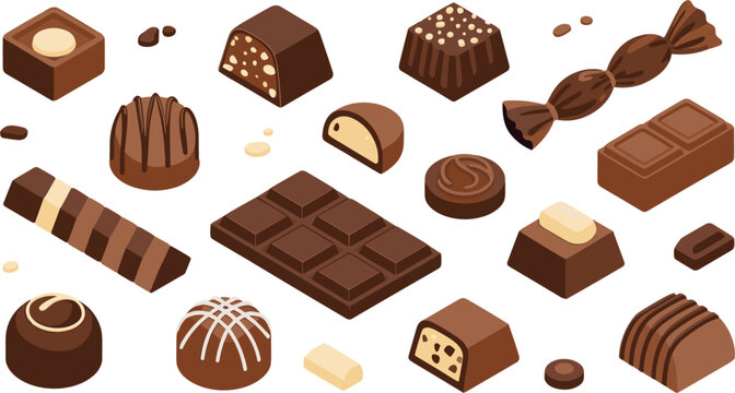 Set of luxury chocolate pralines truffles candy bars and cocoa sweets isolated on white background for confectionery menu dessert branding and advertisement.