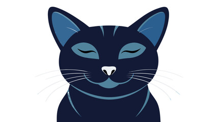 A minimalist vector illustration of a stylized blue cat's face with closed eyes and a serene expression set against a dark background