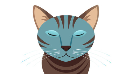 A minimalist vector illustration of a stylized blue and brown striped cat face with closed eyes