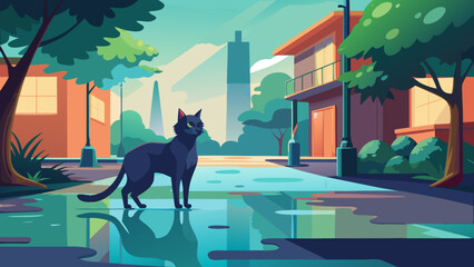 A sleek black cat stands in a wet urban street surrounded by trees and buildings in a flat vector illustration style