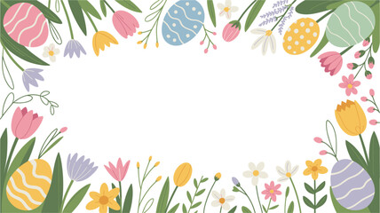 Happy Easter background frame with colorful painted eggs, spring tulips, wildflowers, and floral elements on white copy space for greeting cards, invitations, and seasonal promotions.