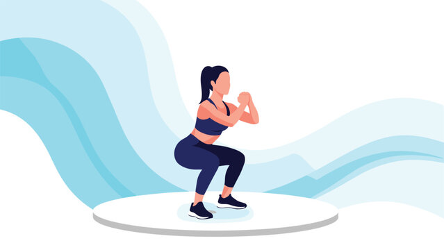 Athletic woman performing squats exercise on a white circular platform against a blue wavy background for fitness.