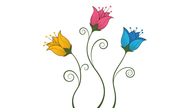 Simple illustration of three stylized tulip flowers in yellow, pink, and blue with long curly green stems on white.