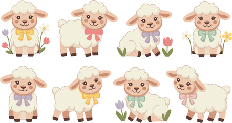 Set of cute baby lamb characters with colorful bows and spring flowers, adorable sheep vector illustrations for nursery decor, kids invitations and stickers.