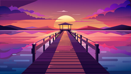 A tranquil vector illustration of a wooden pier extending into calm water with a vibrant sunset over mountains
