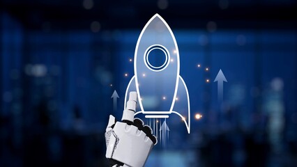 A robotic hand points to a rocket icon, representing the intersection of technology and innovation...