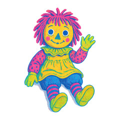 Obraz premium PNG Colorful rag doll waving happily.