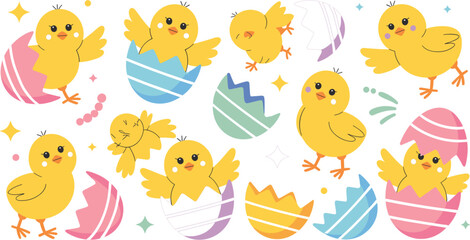 Fototapeta premium Adorable flat vector illustration set of cute yellow Easter chicks hatching from colorful eggshells with stars and sparkles isolated on white background for spring holiday design