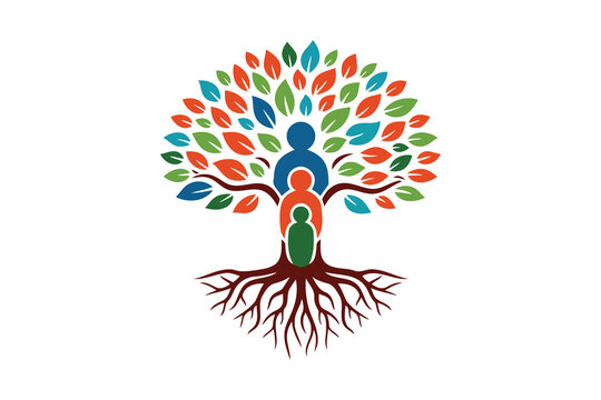 family tree icon with colorful leaves and roots