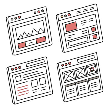 Four web browser windows with different graphs and charts Vector