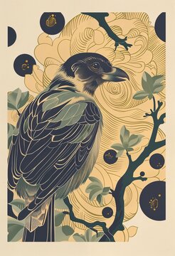 Ratatosk bird in beige and brown face and head in the style of Japanese woodblock for design print or interior art poster decorative