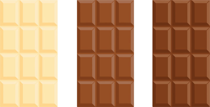 Set of realistic flat vector illustrations featuring white milk and dark chocolate bars isolated on white background for food packaging and candy shop branding