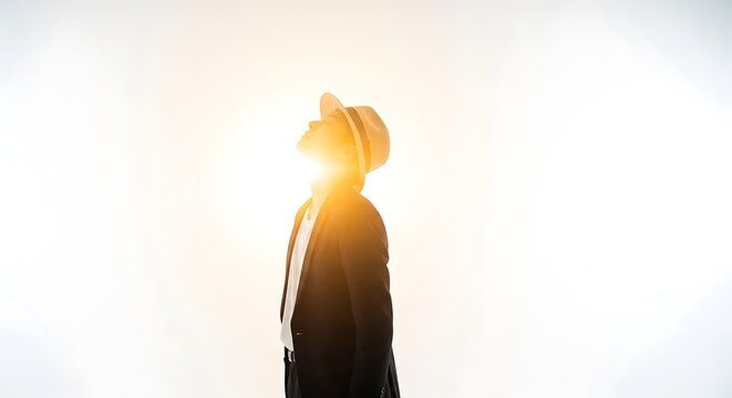 Man in fedora and suit jacket looking up into bright sunlight with lens flare