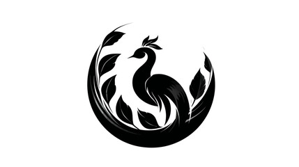 Obraz premium Elegant stylized black bird icon, peacock or phoenix silhouette with abstract leaves in a circular graphic logo design.