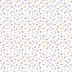 Fototapeta premium Seamless Memphis patterns in various shapes such as zigzags, circles, squares, spirals, triangles, and others in various colors. Blank background or png for fabric, backdrop, wallpaper, social media
