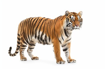 Obraz premium A majestic tiger with its distinctive stripes stands gracefully, showcasing its powerful physique and captivating gaze. This photorealistic depiction captures the essence of this magnificent creature.