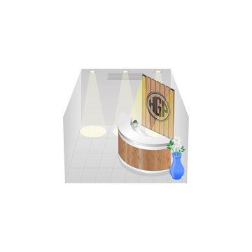 Modern Isometric Office Lobby Interior with Plants; Luxury Reception Desk with LED, HGP Wood Backdrop and Flowers; Professional 3D Corporate Entrance Design Vector