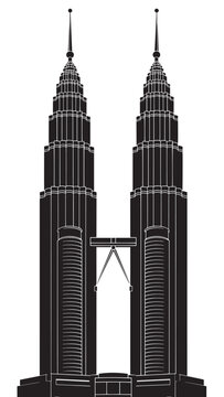 Iconic Kuala Lumpur twin towers with skybridge silhouette against urban skyline and modern architecture.