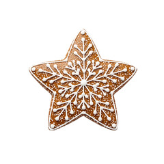 Star Shaped Gingerbread Cookie With Icing On Isolated Transparent Background
