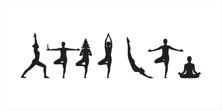 Diverse group of seated male and female silhouettes in various poses on white background people sitting