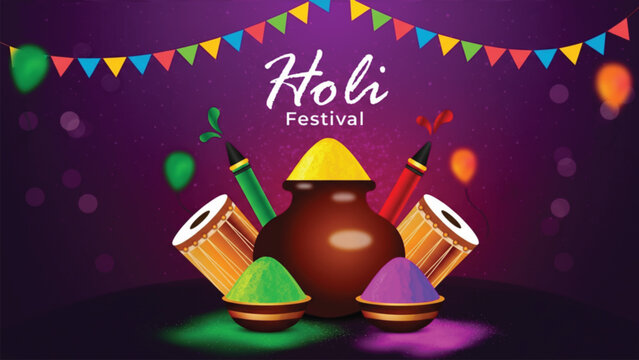 A vibrant illustration for holi festival featuring a traditional pot matka, colorful powder gulal in bowls, water guns pichkaris, and festive bunting against a deep purple background.