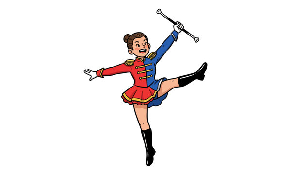 Baton Twirler Character Performing Stunt in Colorful Uniform