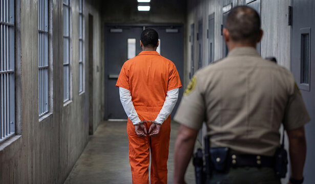 Male inmate in orange jumpsuit with handcuffs walking down prison corridor followed by guard. Security officer and prisoner in jail facility. Criminal justice, incarceration and law enforcement.