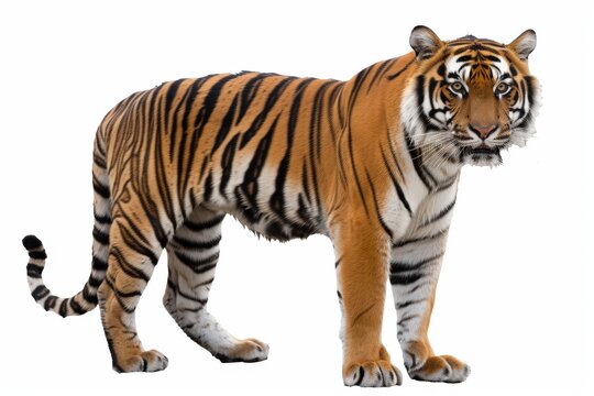 A majestic tiger stands in full splendor, its striking coat a testament to nature's artistry. The animal gazes intently at the viewer.