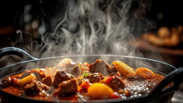 Gulasch in Eisenpfanne &ndash; dampfend im Spotlight