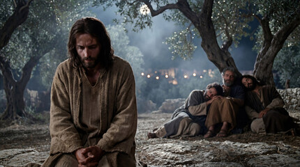 Man praying Jesus in Gethsemane garden during Holy Thursday. Religious Christian scene from Passion Week. Biblical story for Easter.