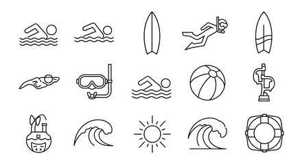 Obraz premium Collection of line art icons depicting various summer and water sports activities like swimming, surfing, and diving.