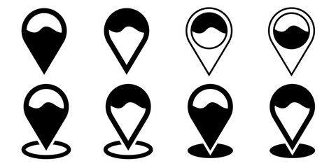 Location pin and map pointer icon set in minimalist black and white style. Vector illustration of eight diverse GPS navigation markers and destination symbols for web design, apps, and geographic trac © AnupKumar