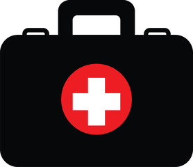 Obraz premium Black first aid kit with red circle and white cross symbol medical kit emergency kit