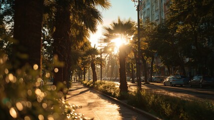 Naklejka premium City Street Scene: An inviting street scene unfolds under the warm embrace of the sun, framed by palm trees and an old building, inviting exploration. 