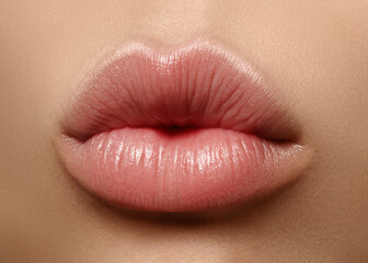 Close-up perfect natural lip makeup beautiful female mouth. Plump sexy full lips. Macro photo face detail. Perfect clean skin, fresh lip make-up. Beautiful spa tender lips. Valentines Day, Love Kiss © marinafrost