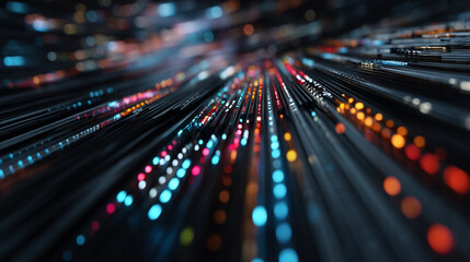 A close-up view of colorful fiber optic cables with glowing dots