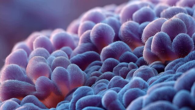 Ultra HD Closeup of vibrant purple and blue coral polyps, abstract marine life texture, soft organic forms underwater video
