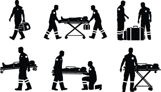 Emergency medical paramedic silhouette vector illustration, patient care and stretcher transport scenes, healthcare workers with medical equipment - flat vector illustration