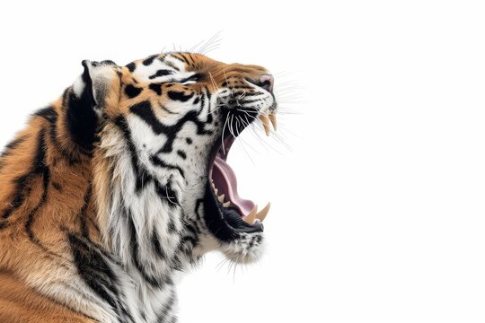 A captivating portrait of a tiger, its mouth agape in a powerful display of raw ferocity. A moment captured that encapsulates the spirit of the apex predator in all its glory.